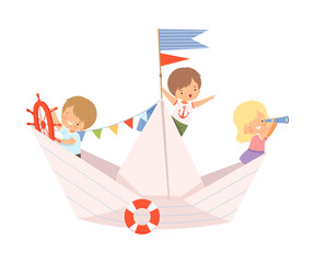 Sticker - Team of Little Kids Sailing on a Paper Boat with Colorful Flags and Lifebuoy Vector Illustration