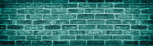 Teal Rough Brick Wall Wide Texture. Old Stone Block Masonry Long Vintage Background