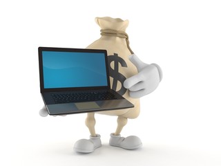 Poster - Dollar money bag character holding laptop