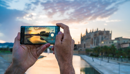 Wall Mural - Men using her smartphone for take a photo in Palma de Mallorca islands at sunset. In background Cathedral La Seu