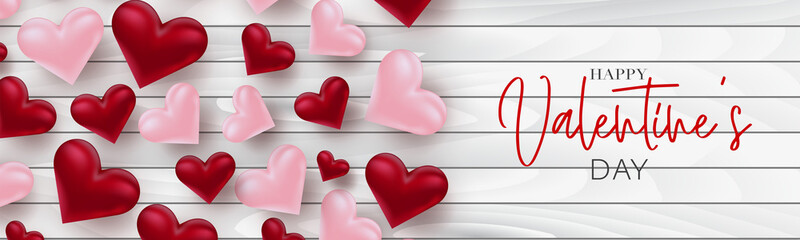 Wall Mural - Valentine's Day banner design. Romantic love 3d hears decoration on wooden board. Design concept for website header or newsletters. Vector illustration.