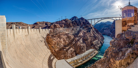 View from Hoover Dam over Colorado river with Mike O Callaghan–Pat Tillman Memorial Bridge in the evening