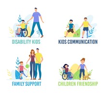 Disabled Children Communication, Friendship And Support Trendy Flat Vector Banner, Poster Template. Child With Special Needs, Handicapped Boy On Wheelchair, Injured Kid With Prosthesis Illustration