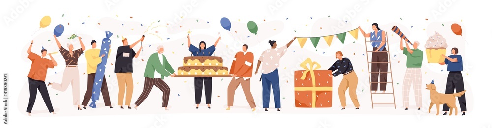 Set of happy cartoon people having fun at birthday party vector flat illustration. Concept of friends characters celebrating holiday isolated on white. Collection of smiling festive man and woman - obrazy, fototapety, plakaty 