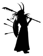 A Warrior In A Helmet With Horns, With A Naginata On His Shoulder And A Shield In His Left Hand From Which Arrows Protrude, Stands With His Back To The Viewer. 2d Illustration
