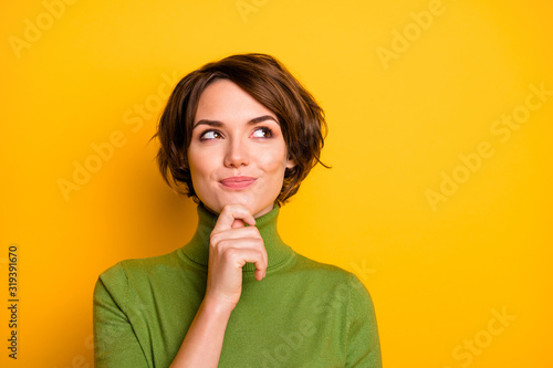 Fotomural Closeup photo of amazing short hairdo lady looking up empty space deep thinking