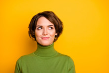 Closeup Photo Of Funny Short Hairdo Lady Charming Smiling Good Mood Looking Side Empty Space Sly Eyes Wear Casual Green Warm Turtleneck Isolated Yellow Color Background