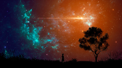 Silhouette of cute small girl walk on land with tree and colorful fractal nebula. Elements furnished by NASA. 3D rendering