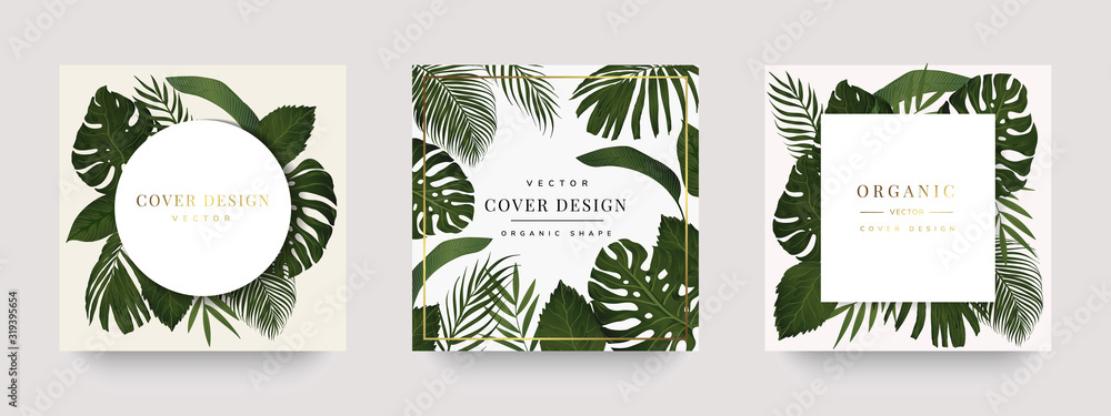 Wedding invitation,Thank You Card, rsvp, posters design collection with marble texture background,Geometric Shape,Gold and Tropical Leaves design - Vector	 - obrazy, fototapety, plakaty 