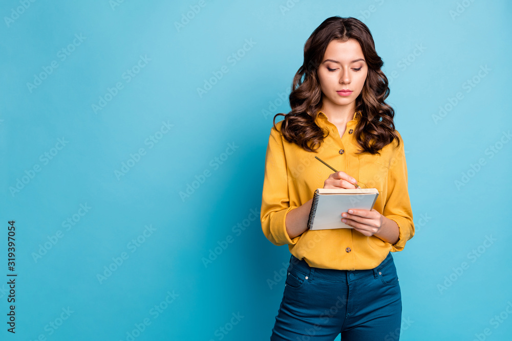 Portrait of her she nice attractive lovely smart clever focused wavy-haired girl creating writing love story isolated on bight vivid shine vibrant green blue turquoise color background - obrazy, fototapety, plakaty 