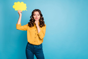 Poster - Portrait of her she nice attractive lovely cheerful cheery wavy-haired girl holding in hands yellow copy space card isolated over bight vivid shine vibrant green blue turquoise color background