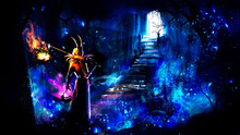 A Shaman With A Torch Behind Him In The Middle Of A Magical Cave, With Sparks And Blue Lights, In The Distance You Can See A Shining Exit, Which Leads To A Stone Staircase. 2D Illustration