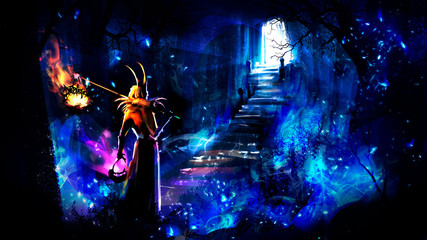 A shaman with a torch behind him in the middle of a magical cave, with sparks and blue lights, in the distance you can see a shining exit, which leads to a stone staircase. 2D illustration