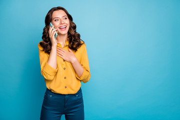 Wall Mural - portrait of her she nice attractive charming pretty cheerful cheery wavy-haired girl calling home di