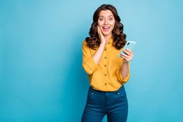 Wall Mural - portrait of her she nice attractive lovely charming cheerful cheery wavy-haired lady using digital d