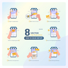Collection set illustration about how to use the online shop application