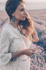 Wall Mural - Boho styled model in lavender field