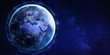 © NicoElNino - Global data communication network around planet Earth viewed from space with connected grid technology for Internet of Things (IoT), cryptocurrency blockchain, mobile web or cyberspace, map from NASA