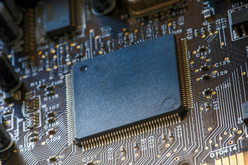 Electronic circuit board. Electronic computer hardware technology. PC microchip. Integrated semiconductor microprocessor