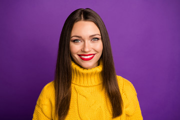 Close-up portrait of her she nice attractive lovely pretty charming cheerful cheery straight-haired girl isolated over bright vivid shine vibrant lilac violet purple color background