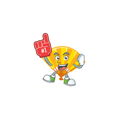 Poster - Gold chinese folding fan mascot cartoon style holding a Foam finger