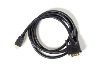 Wall Mural - black HDMI-DVI cable with gold-plated contacts on a white isolated background, top view