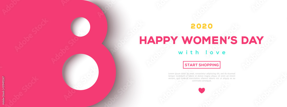 March 8 symbol in paper cut style with shadow. International Women's day pink background. Vector illustration. Place for text. Figure eight for greeting card, flyer or brochure template. - obrazy, fototapety, plakaty 