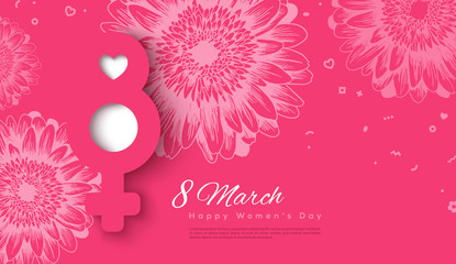 March 8 and female symbol in paper cut style . Hand drawn sunflowers on pink background. International Women's day. Vector illustration. Place for your text