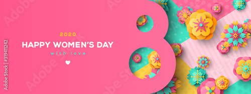 Cuadros en Lienzo Women's Day greeting card or banner with eight shaped frame and paper cut flowers on colorful modern geometric background