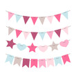 Bunting and garland set on white background. Cute party flags. Holiday, Happy Valentine decorations. Vector illustration