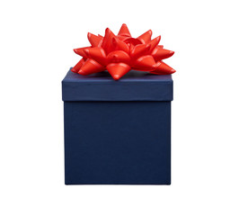 blue cardboard square box with a red bow