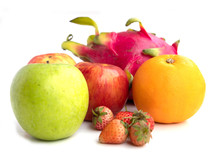 Mix Fruit (green Apple, Red Apple, Strawberry, Orange, Dragon Fruit) Isolated On White Background