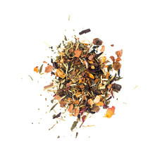 Pile Of Natural Green Tea Mix With Dates, Apple Slices, Hibiscus, Raisins, Pineapple, Mango, Lemongrass, Coconut Chips, Red Rose Petals