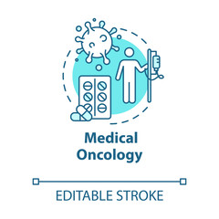 Sticker - Medical oncology concept icon. Hospital virus therapy. Medication of tumor disease. Cancer treatment idea thin line illustration. Vector isolated outline RGB color drawing. Editable stroke