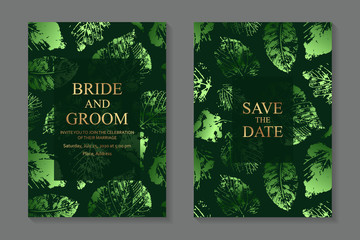 Set of luxury wedding invitation design or greeting card templates with green leaves prints.