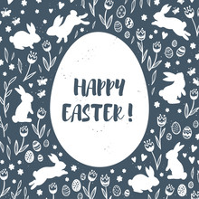 Cute Hand Drawn Easter Design With Bunnies, Easter Eggs, Flowers And Butterflies - Great For Cards, Banners, Wallpaper - Vector Design