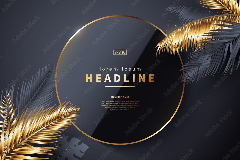 Luxury Black background with golden tropical leaves and place for text ...