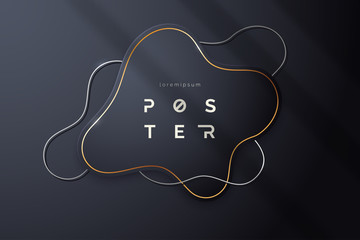 Poster - Abstract black background with liquid text box and curved silver and gold lines. Minimalist poster design in premium black color. Shadow overlay effect. Vector illustration