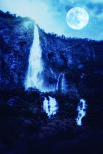 Magical Night At Norway, Full Blue Moon Rise Over Waterfall In Norway Mountains. Travel And Explore Background