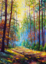 Oil Painting. Amazing Autumn Forest In Morning Sunlight. Red And Yellow Leaves On Trees In Woodland. Golden Park Alley Landscape