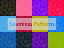 Set Of 12 Seamless Patterns Of Abstract Golden Leaves On Diffrent Color Backgrounds. Useful For Back Grounds And Printing.