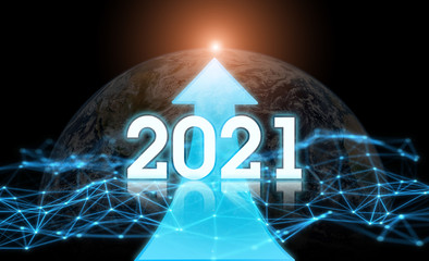 Wall Mural - new year 2021 vision technology. global network for the exchange of data on the planet earth. blue b