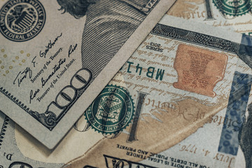 Close up Beautiful Dollars Background. American, US Dollars Cash Money. One Hundred Dollar Banknotes. Macro view.