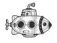 Cartoon Steampunk Submarine Sketch Engraving Vector Illustration. T-shirt Apparel Print Design. Scratch Board Imitation. Black And White Hand Drawn Image.