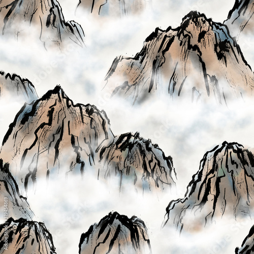 Dekoracja na wymiar  gory-i-chmury-recznie-rysowane-wzor-w-chinskim-stylu