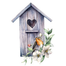 Watercolor Card With Bird House, Robin And Anemones. Spring Illustration With A Flowers And A Bird Isolated On A White Background. Scene Of Wild Nature For Design, Print, Fabric. Easter Template.