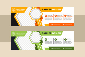 Wall Mural - Set of vector abstract banners. Trendy modern flat material design style. Green and orange colors of design element. Text placeholder. hexagon space for photo. white background design template. 