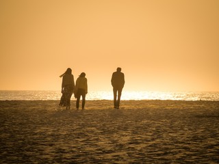 Poster - Beautiful shot of two females and  male walking on the beach during sunset