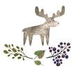Watercolor set of wild elk and forest berries. Blueberries and leaves isolated on white. Children cartoon set perfect for cards, prints, posters, design, fabric.