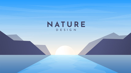 Wall Mural - vector minimalist illustration. the sun between the mountains. flat landscape. polygonal hills near 